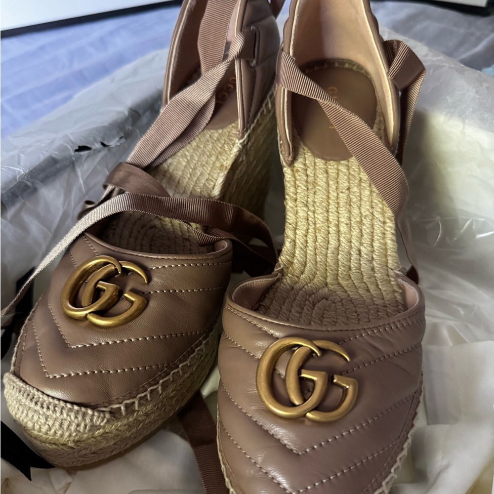 Gucci Tan Espadrilles with Gold GG Logo